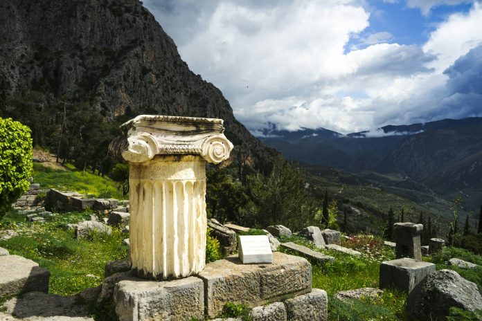 Delphi archaeological landscape in Central Greece Ancient ruins at Delphi beneath Mount Parnassus in Greece