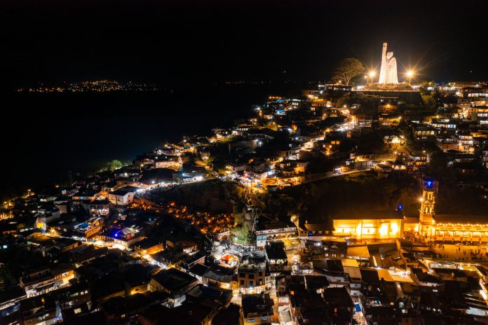 Aerial shot of Janitzio island at night in Lake Patzcuaro in the state of Michoacan, Mexico.